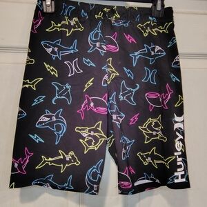 Hurley Boys Size 10/12 Black Neon Shark Pattern Board Shorts